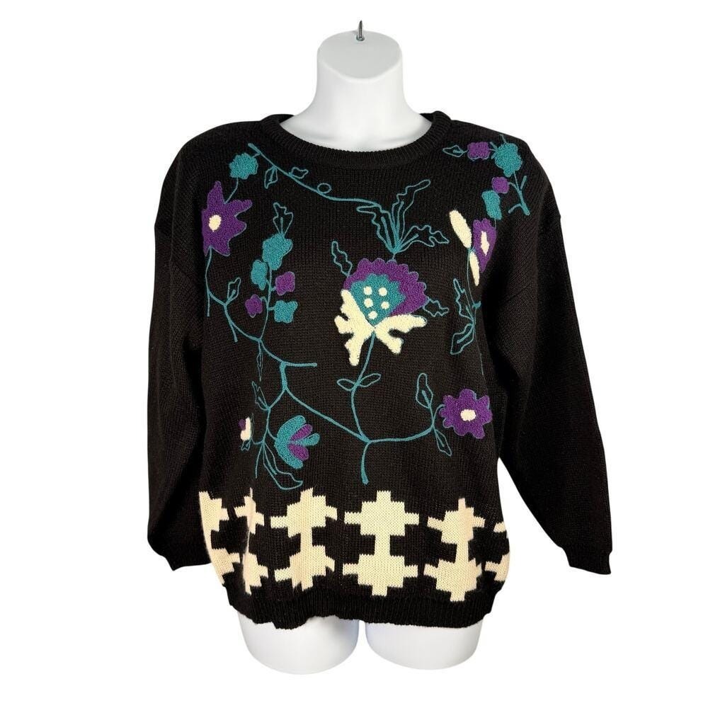Vtg 80's Knit Sweater 1X Floral Embroidery Shoulder Pads Retro Ski Cabin